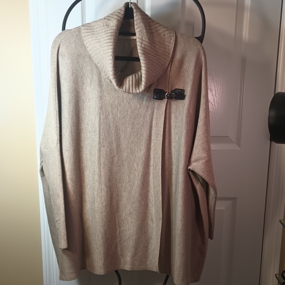 Tan Sweater with Brown Faux Leather Strap Accent